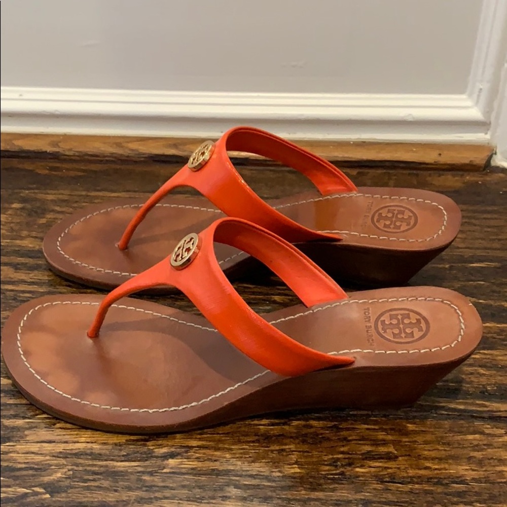 Orange Tory Burch Wedge Flip Flops
